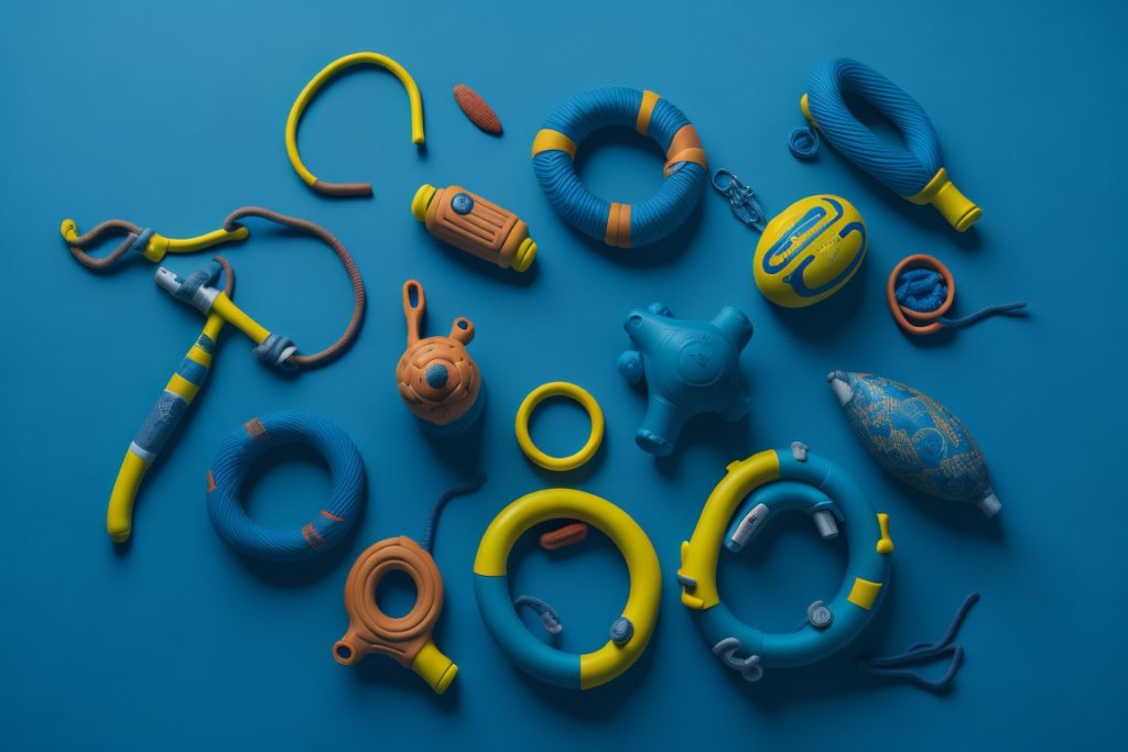 Dog Beach Toy Set: A collection of beach-friendly toys designed for dogs, such as water fetch toys, floating rings, and tug ropes.